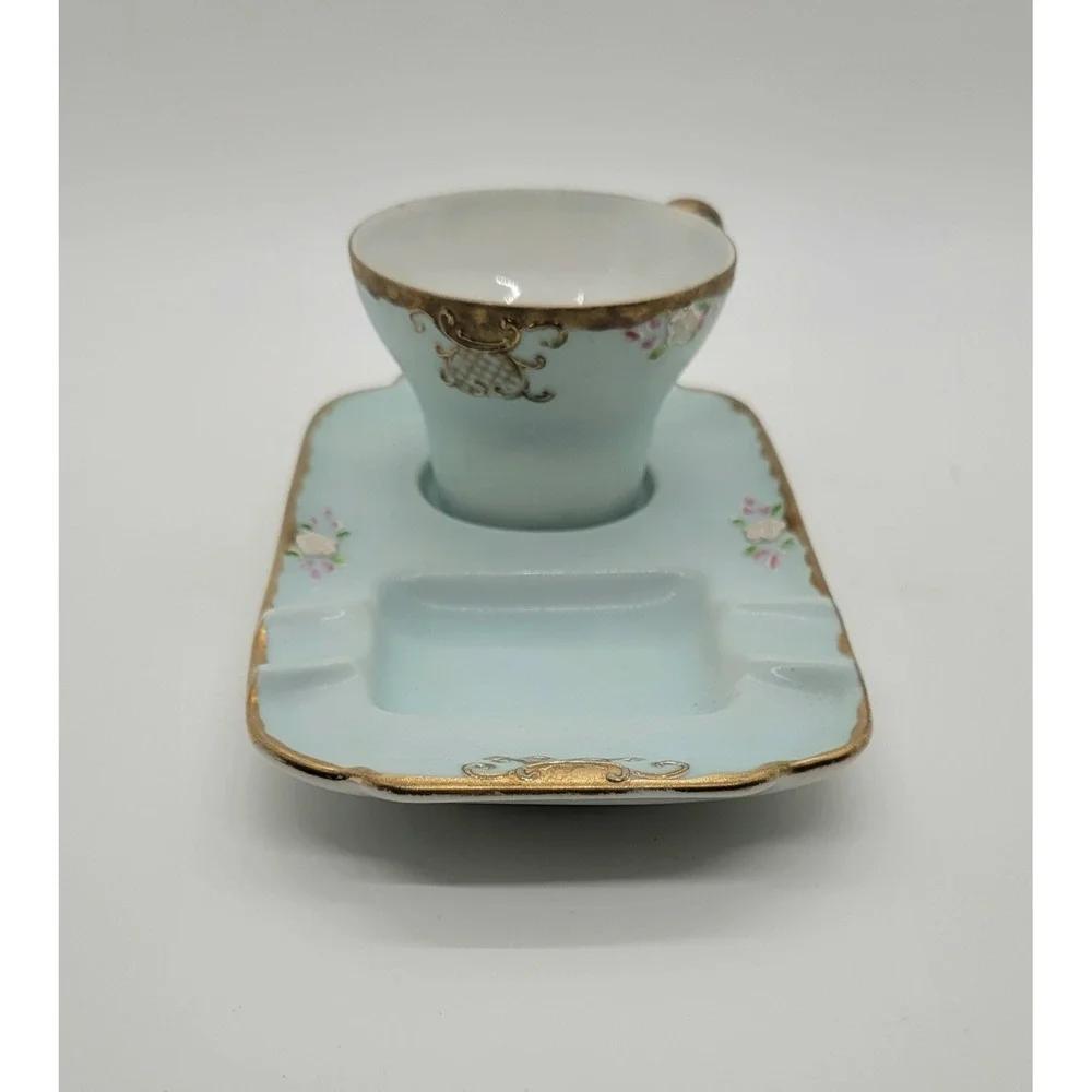 Antique Hand Painted Signed Depose Rose Espresso/Tea Cup and Ash Tray‎